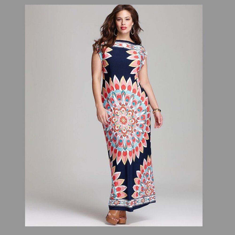 NWT Melissa Masse XS Floral Print Summer Boat Neck Mosaic Boho Maxi Long Dress